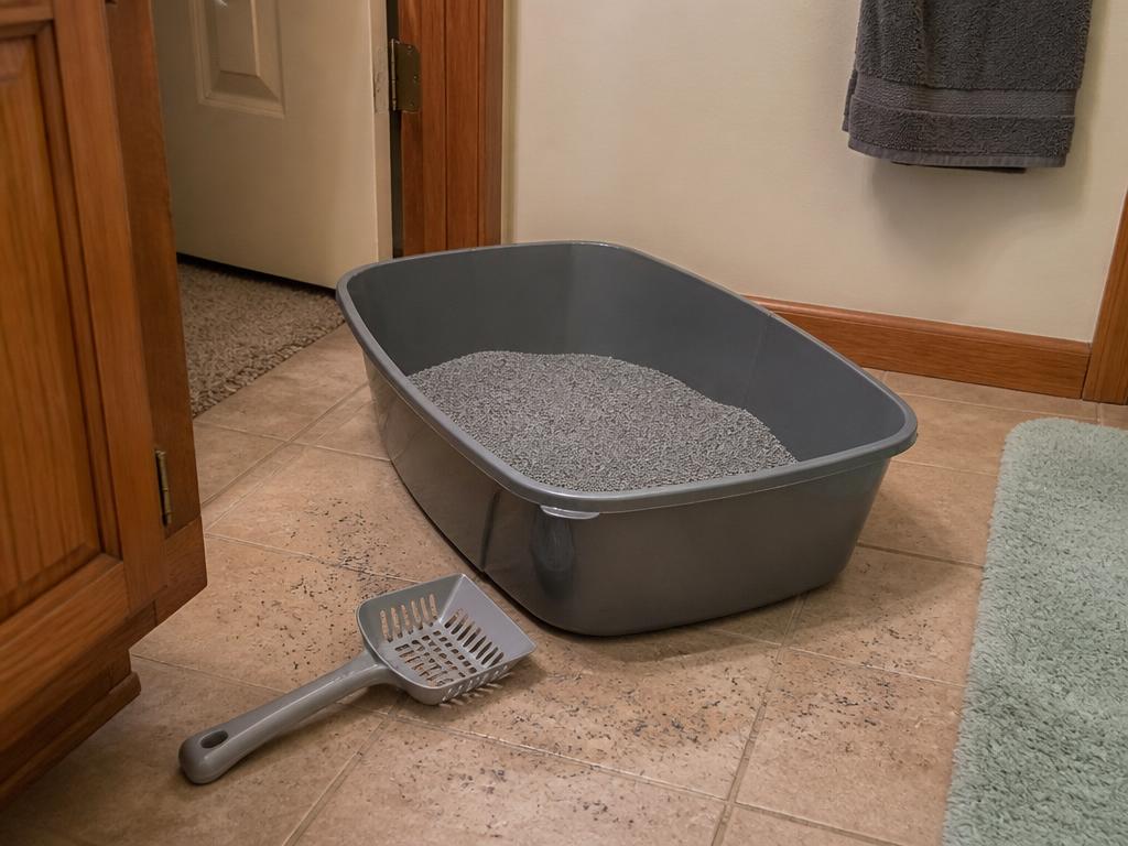 Traditional cat litter box with litter scattered on the bathroom floor