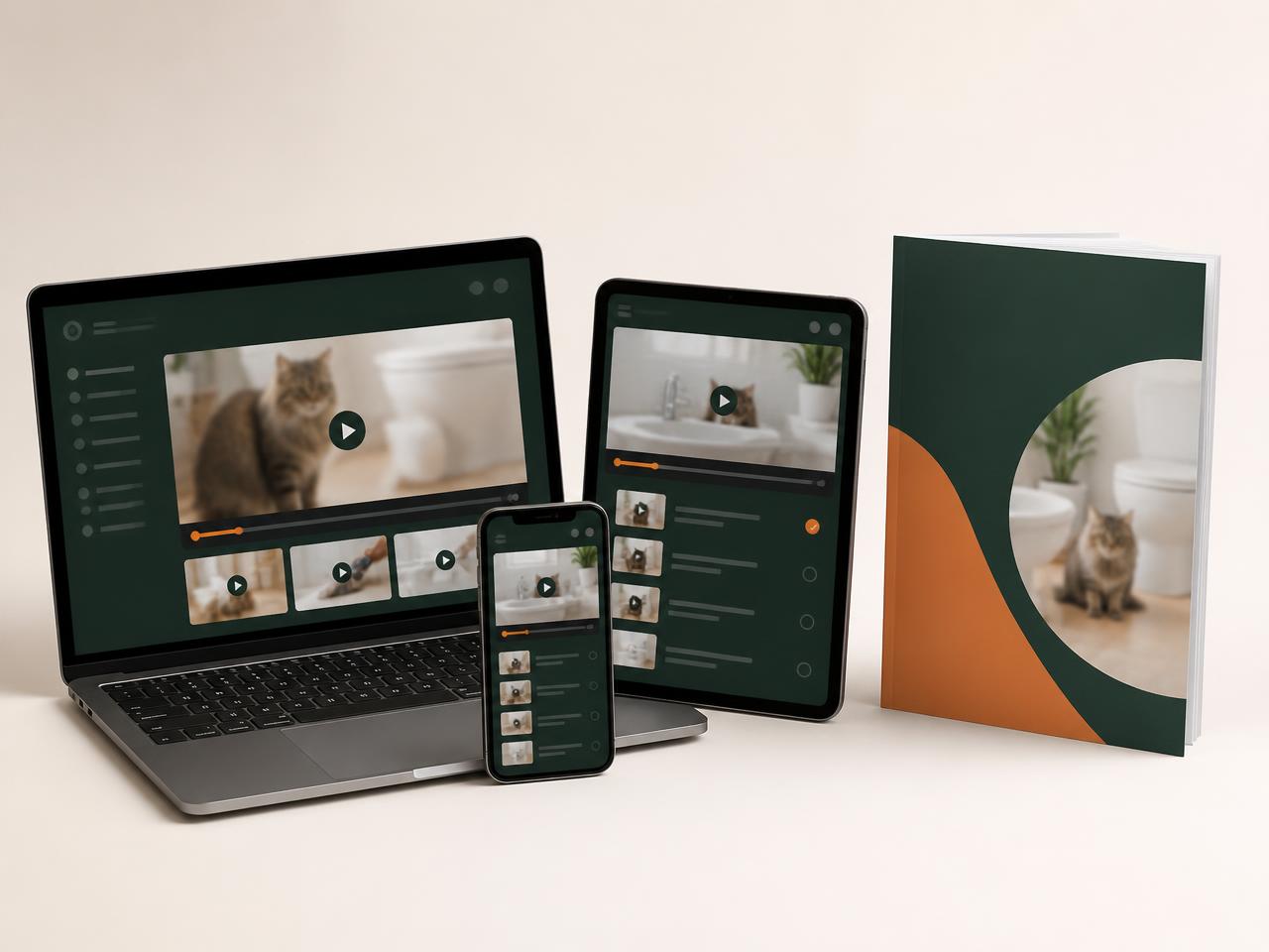Toilet Trained Cat video program shown on a laptop, tablet and phone next to the quick start guide