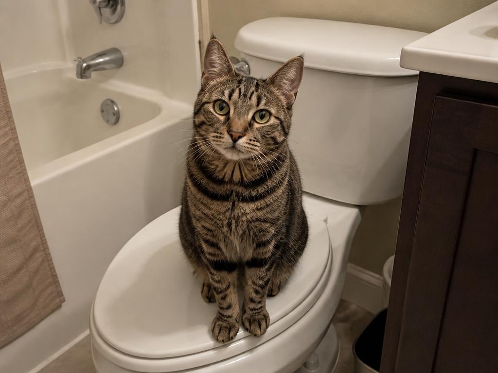 Tabby cat sitting on a household toilet
